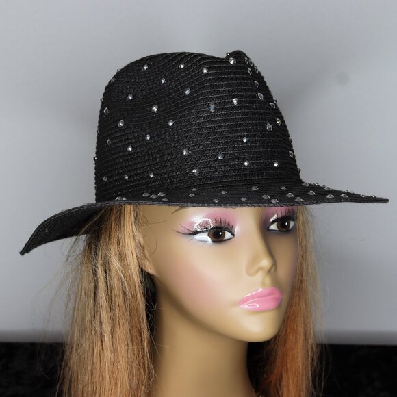 Women's Black Straw Hat with Spotted Rhinestone Design - Picture 2 of 2